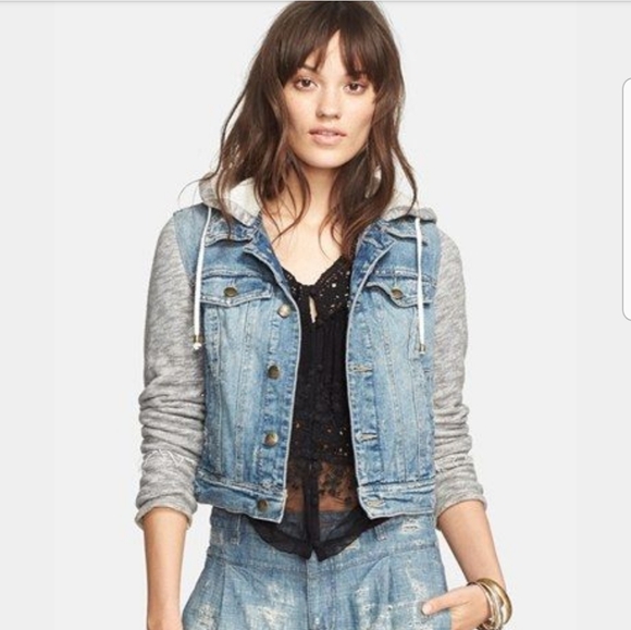 denim jacket with knit sleeves and hood